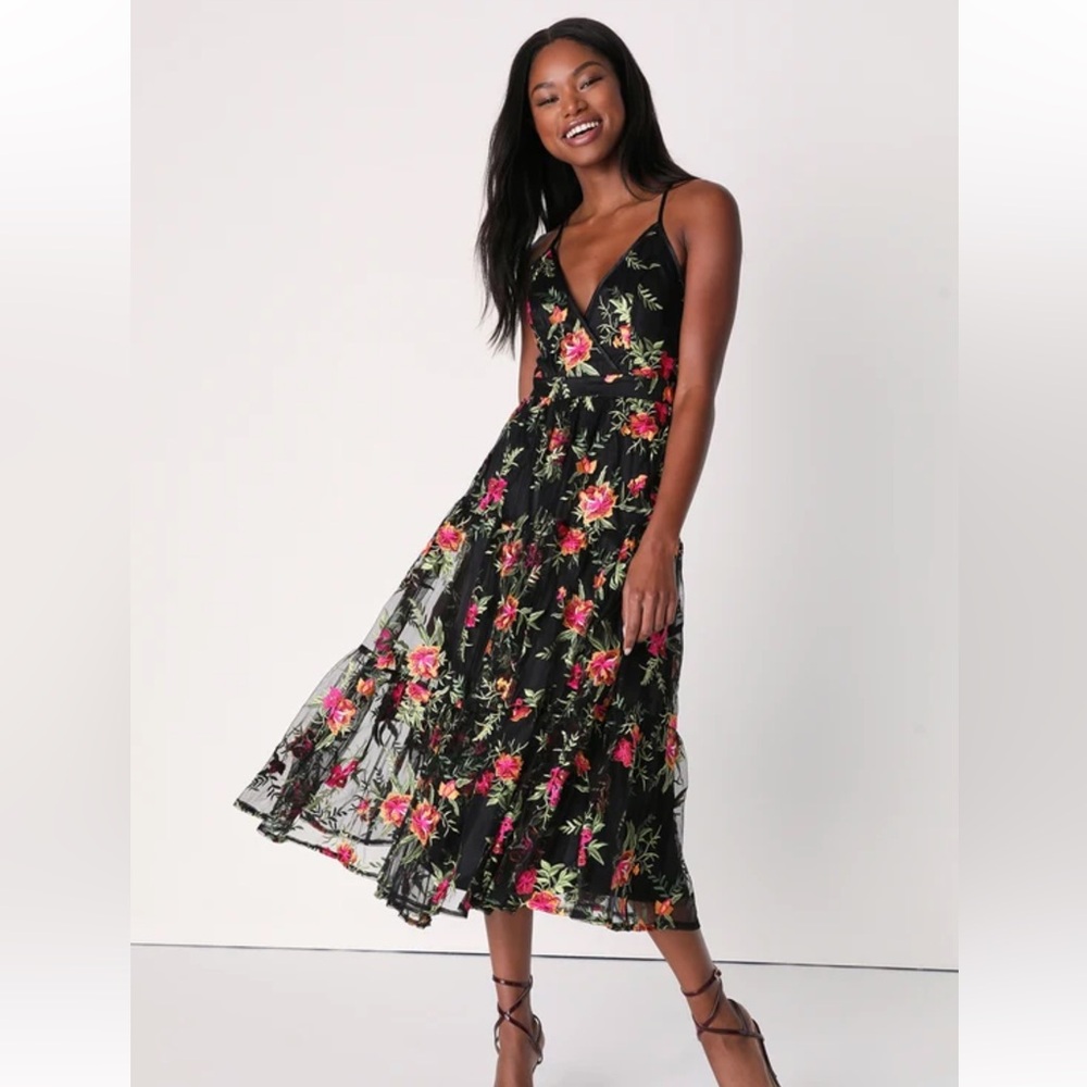 Lulus Floral Embroidered Black Dress